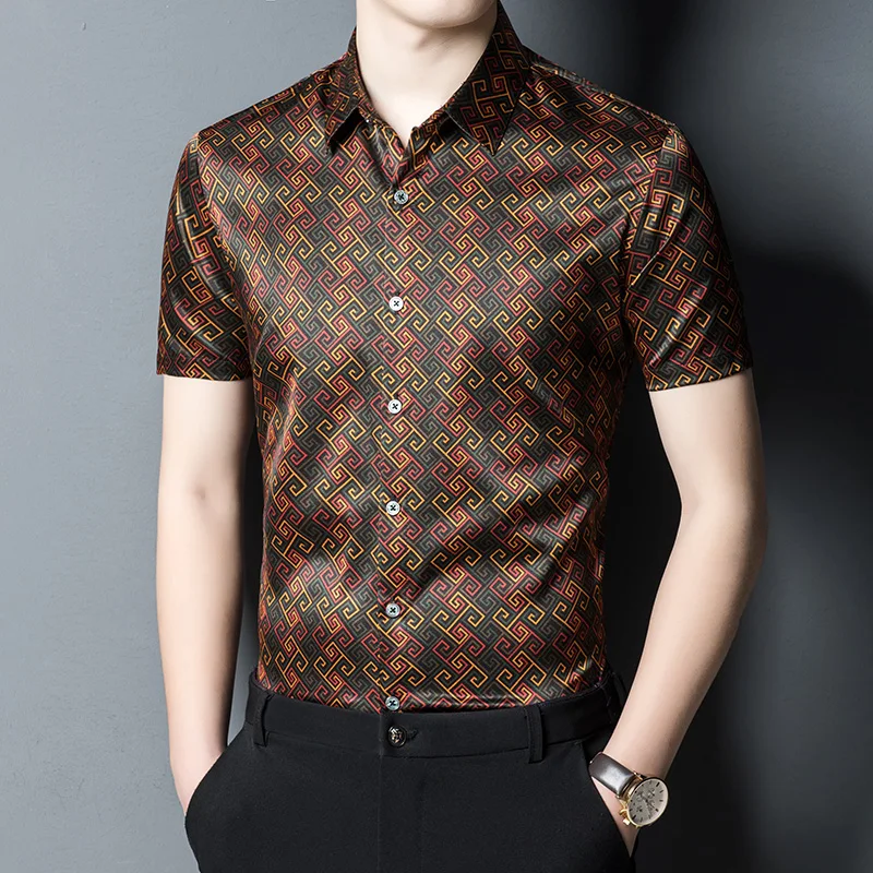 

Real Silk 100% Retro Luxury Clothing Mens Baroque Retro Printed Shirts Mens Quality Business Smooth Summer Satin Shirts Men Cozy