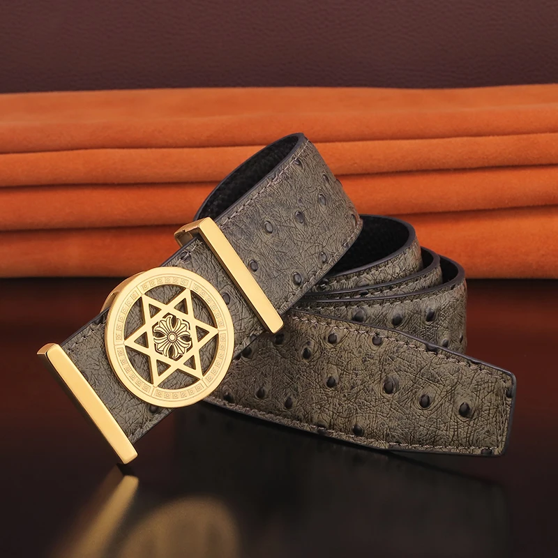 

Solid Stainless Steel Buckle Wide Man Belt Embossed Leather With Ostrich Grain Pattern 3.8cm Male Waist Strap
