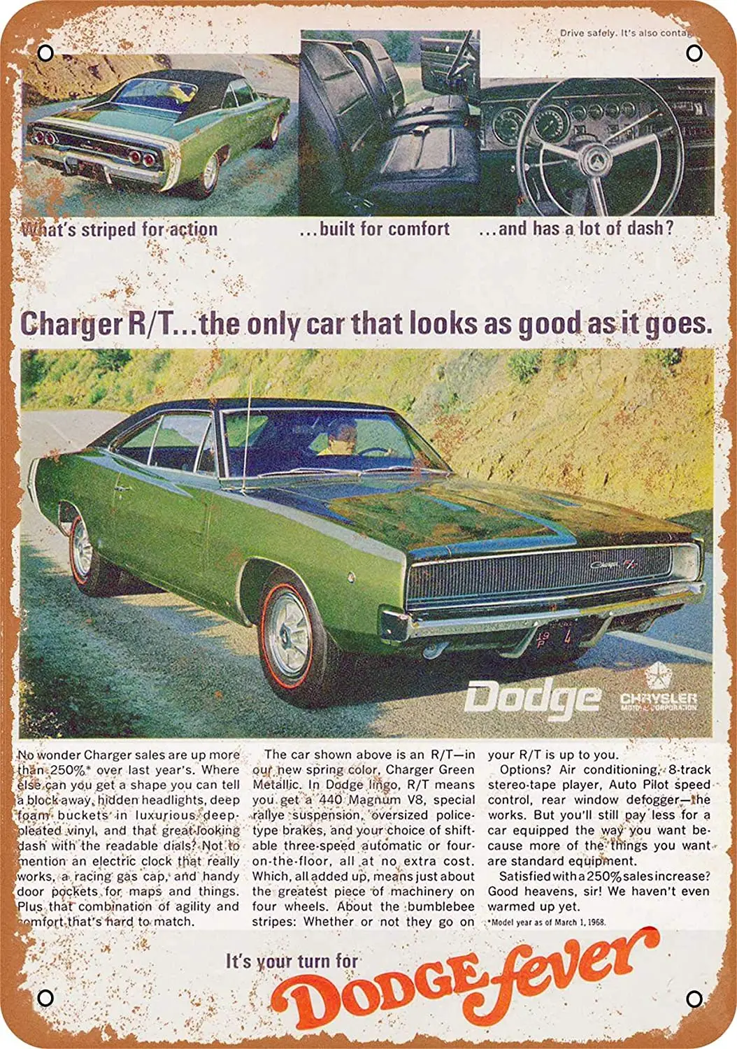 

WallColor 8*12 Metal Sign 1968 Dodge Charger R/T Vintage Look