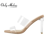 onlymaker summer slip on square open toe women sandals clear high heels comfortable concise pvc slippers