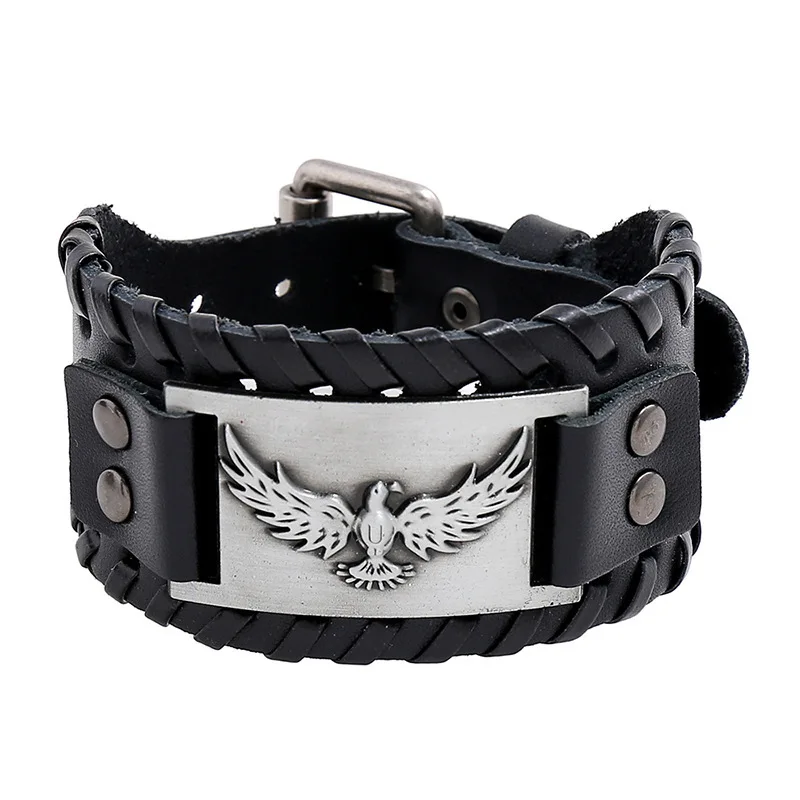 

Fashionable Nordic Totem Eagle Charm Wide Leather Bracelet Viking Rune Men's Bracelet Punk Genuine Accessories Party Jewelry