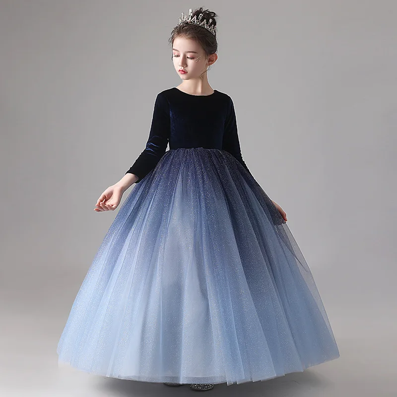 Sweet Kids Navy Blue Birthday Party Flower Girls Dresses with Sleeves Children Long Bridesmaid Evening Princess Ball Gown Frocks | Детская