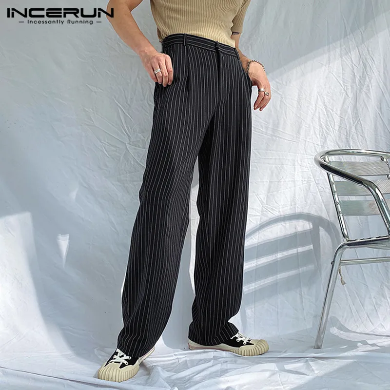 

INCERUN Korean Style Straight Trousers 2021 Spring Men Leisure Striped Pants Male Casual Zipper Bottoms Hombre Pantalones S-5XL