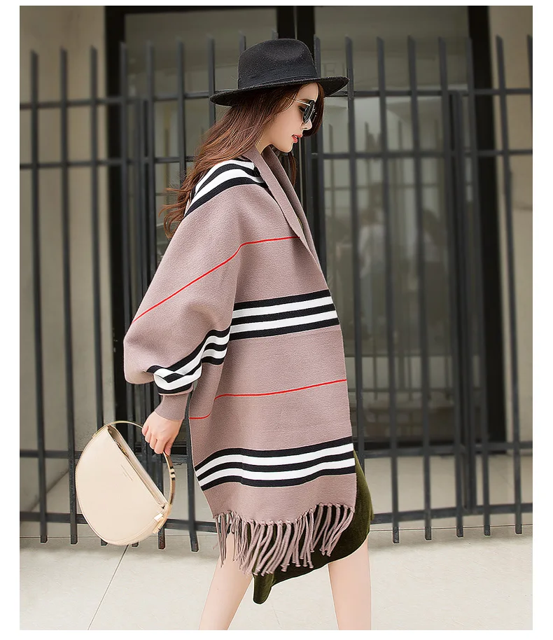 Модный женский вязаный кардиган весна осень stripeMid длинные кисточки свитер-накидка пальто шаль s300
