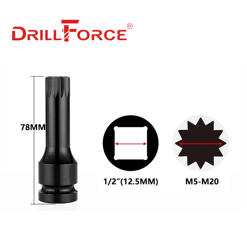 Drillforce 1/2" Drive Impact Spline Socket Bit Wrench Pneumatic Adapter M5/M6/M7/M8/M9/M10/M11/M12/M13/M14/M15/M16/M17/M18/M20 |