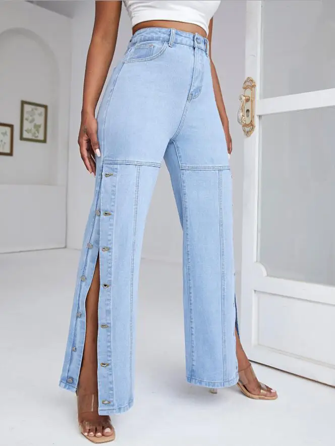 

Джинсы женские на пуговицах с разрезом и высокой талией, модные брюки из денима с широкими штанинами, повседневные свободные прямые штаны, у...