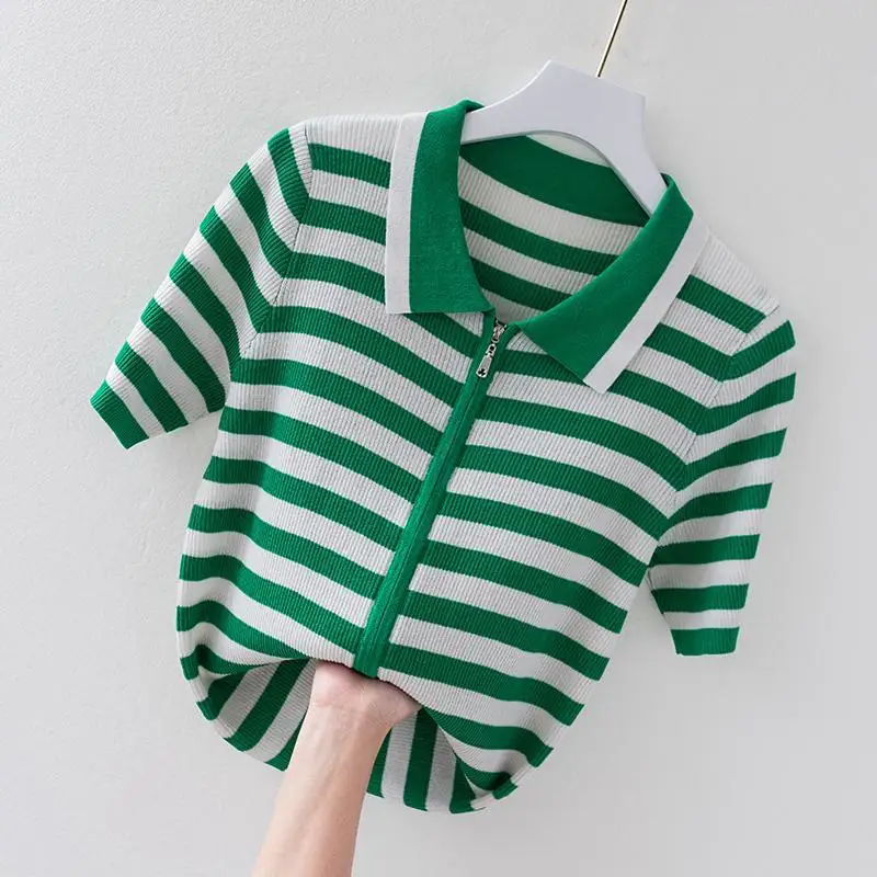 

Thin zipper T-shirt short sleeve summer 2021 ice Lapel short striped top
