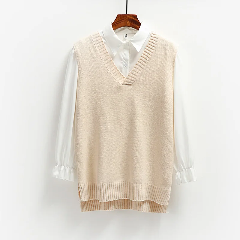 

New V Neck Girls Pullover Vest Sweater Autumn Winter Gray Knitted Women Sweaters Vest Sleeveless Warm Sweater Casual Oversize