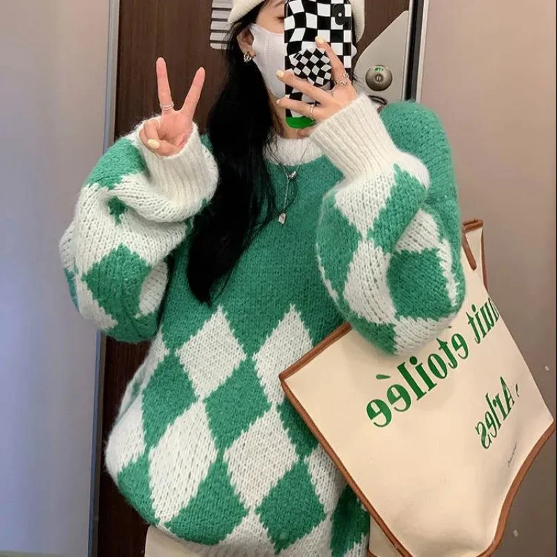 

Женский свободный свитер с длинным рукавом, зеленый винтажный свитер большого размера с узором ромбиками и круглым вырезом в уличном стиле, Осень-зима 2021