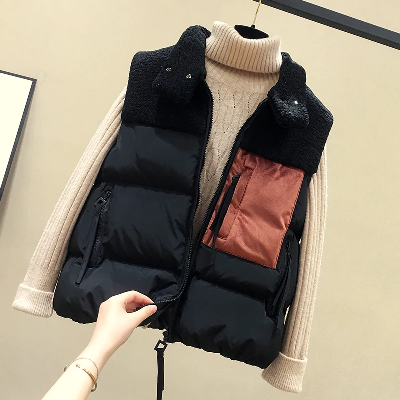 New Women Down Cotton Vest Autumn Winter Vests Stitched Lamb Wool Coats &amp Jackets Sleeveless Jacket Ladies Top Outerwear