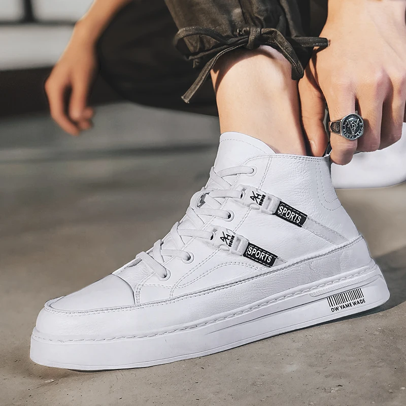 Beli Sepatu Kulit Musim Semi 2021 Untuk Pria Hitam Putih Sepatu Atasan Tinggi Modis Pria Sneakers Kasual Pria Nyaman Sepatu Kasual Dapat Dipakai