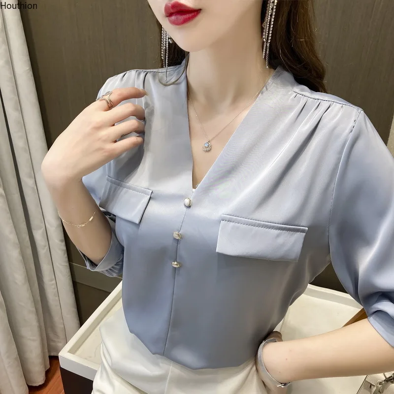 

Шифоновые облегающие Женские блузки, Новая повседневная блузка, однотонный пуловер с тремя пуговицами и V-образным вырезом, рубашка, модный ...