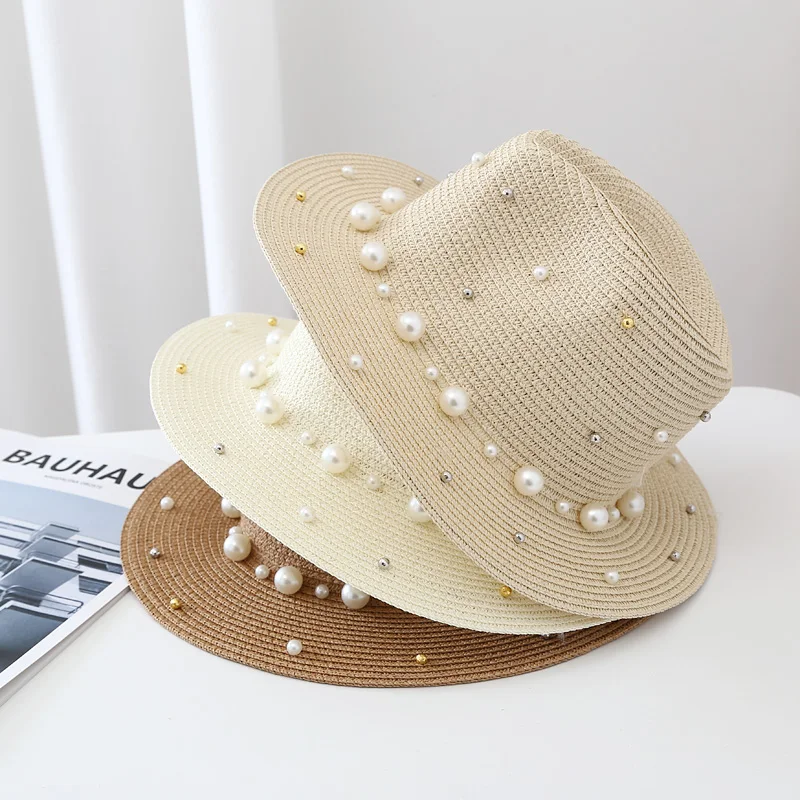 

Summer British pearl beading flat brimmed straw hat Shading sun hat Lady fashion beach hat Jazz hat