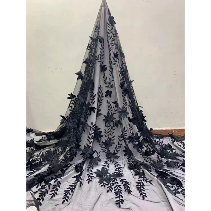 

Tulle Lace Fabric Hot Sale 5 Yards Solid Applique Leaf Pattern Embroidery African High Quality Voile Lace For Wedding Dress