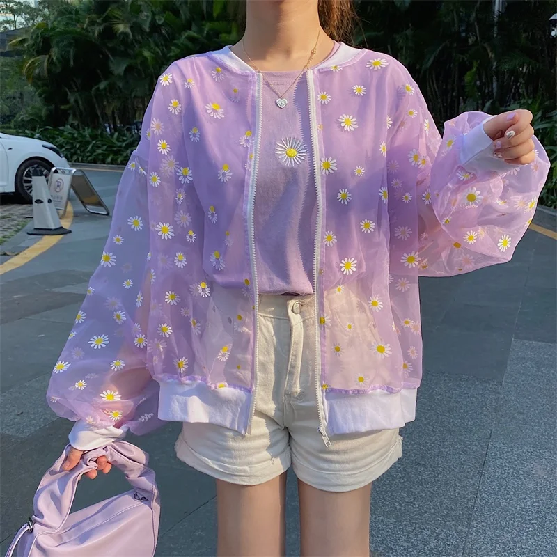 

2021 New Korean Style Loose Flower Printed Thin Jacket Sunscreen Women Long Sleeve Casual Sunscreen Jacket Veste Femme