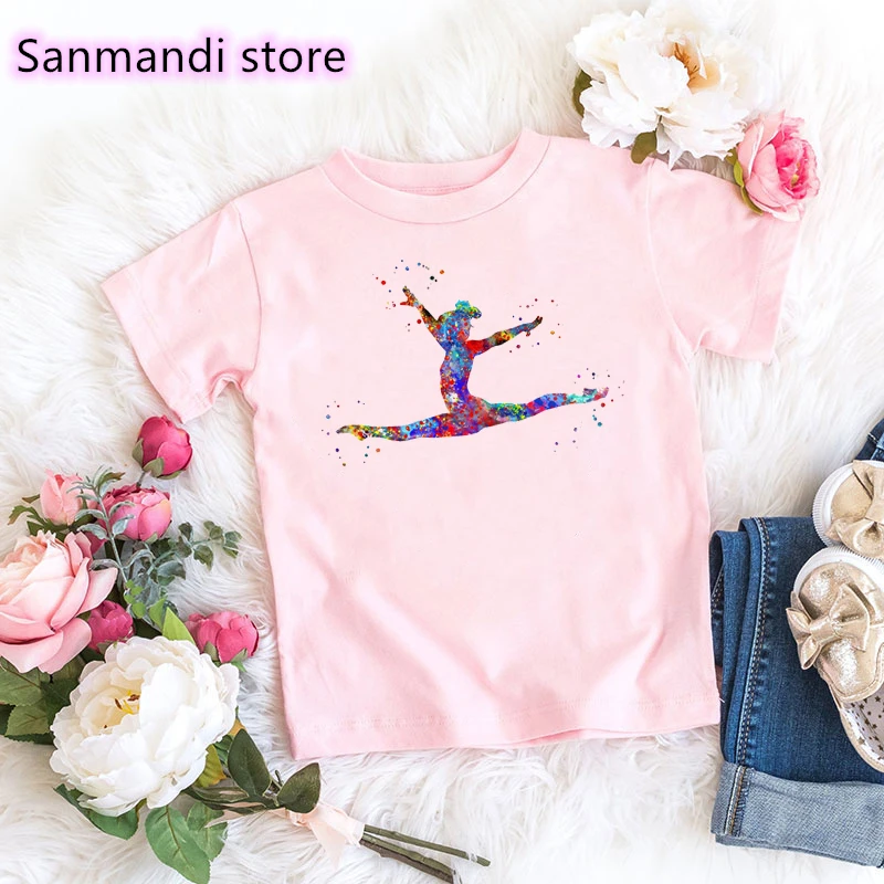 Лидер продаж 2021, милая детская одежда, футболка с акварельным художественным принтом гимнастики, одежда для девочек Tumblr, детская одежда, фут...