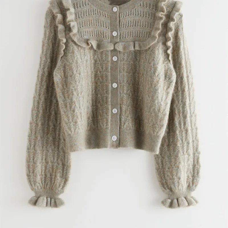 

Women O-neck Knit Cardigans Single Breasted Ruffles Long Sleeve Sweet Sweater