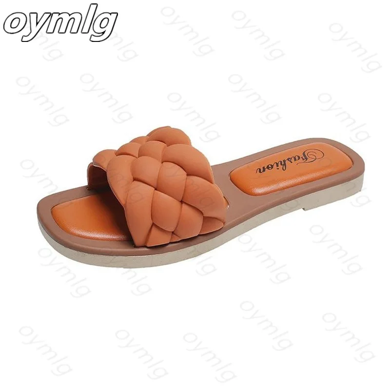 

2020 Woven Slippers Women Slip On Slides Fashion Brand Square Toe Leather Flat Sandals Female Outdoor Casual Slippers Flip Flops