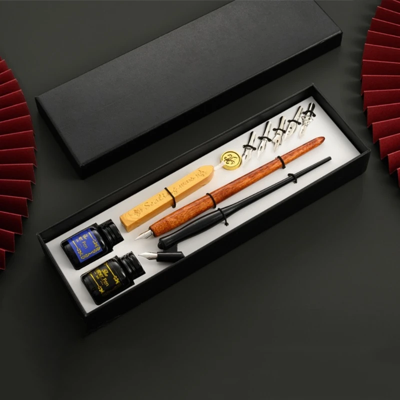

Student Fountain Pen Kit, Beginner Flower Body Wooden Rod Dip Pen English Calligraphy Painting Hook Line Pen