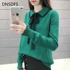 Женский вязаный свитер с бантом, Свободный пуловер с отложным воротником и кружевом в стиле пэчворк, цвет зеленыйрозовый, весна-осень