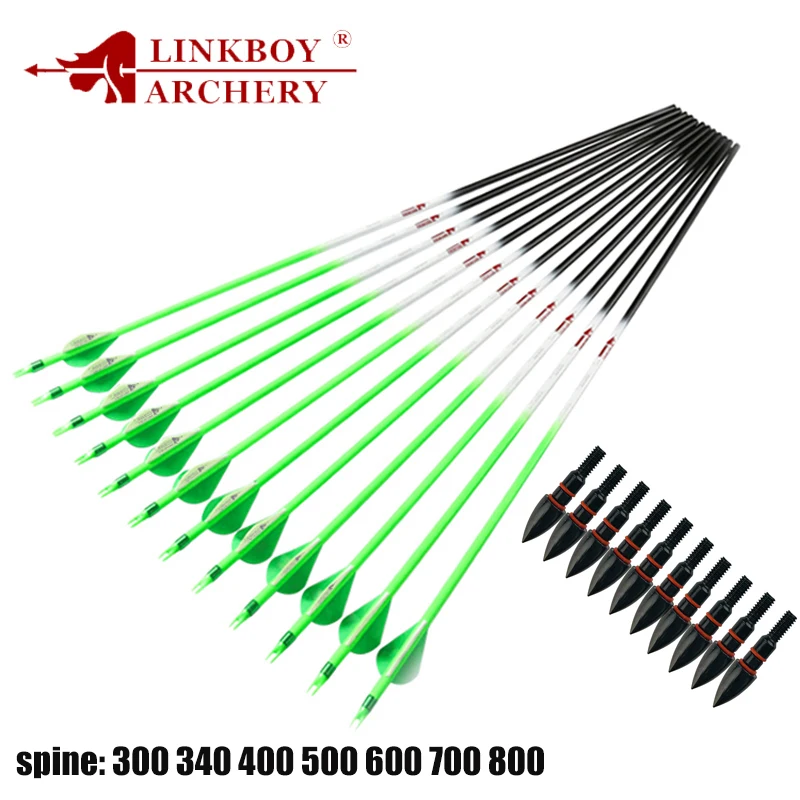12PCS Linkboy Archery Carbon Arrows Sp300-800 30inch  Fluorescen Green 2"Vanes ID6.2mm Compound Bow Hunting Shooting