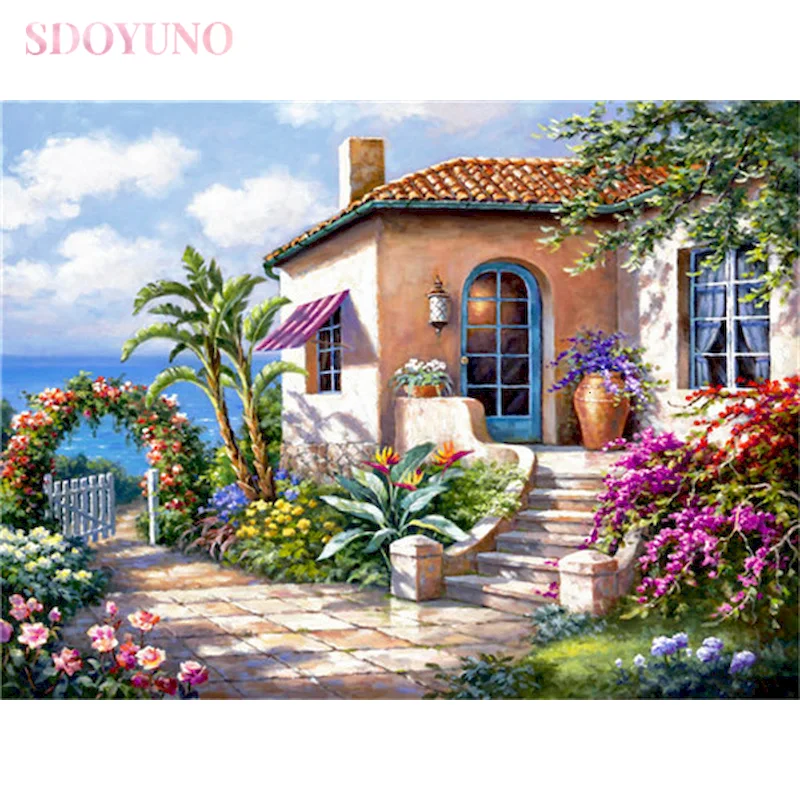 

SDOYUNO DIY Painting By Numbers House Hand Painted Sea Paintings Drawing On Canvas Pictures By Number Scenery Home Decor