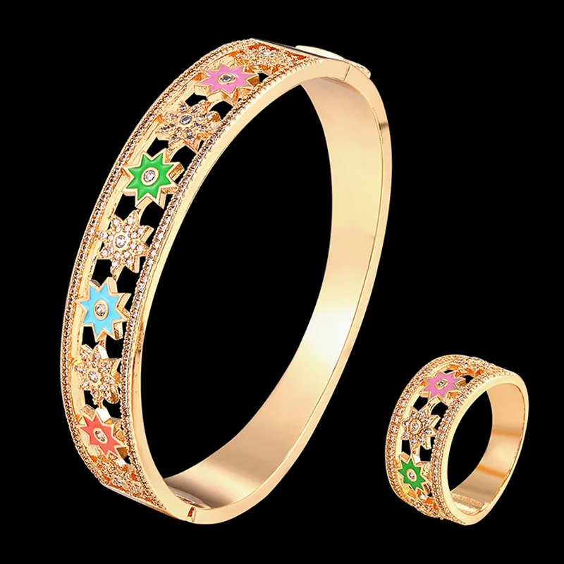 

Zlxgirl 2021 New arrival women's copper Women wedding bangle with ring anniversary bijoux set New Color Enamel Dubai Gold bangle