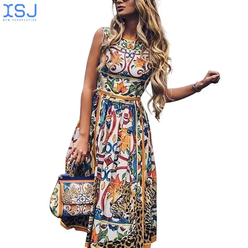 

Ladies Bohemian Dress Round Neck Beach Dress Casual Summer Fashion Printed Sleeveless Female Long Dress