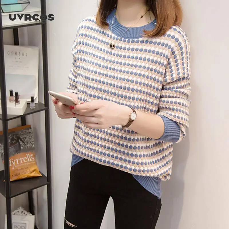 

UVRCOS Knitted Sweater Loose Long sleeve O-Neck Dot sweaters Casual Women's Pullover 2020 New Autumn Winter Tops Female pull fem