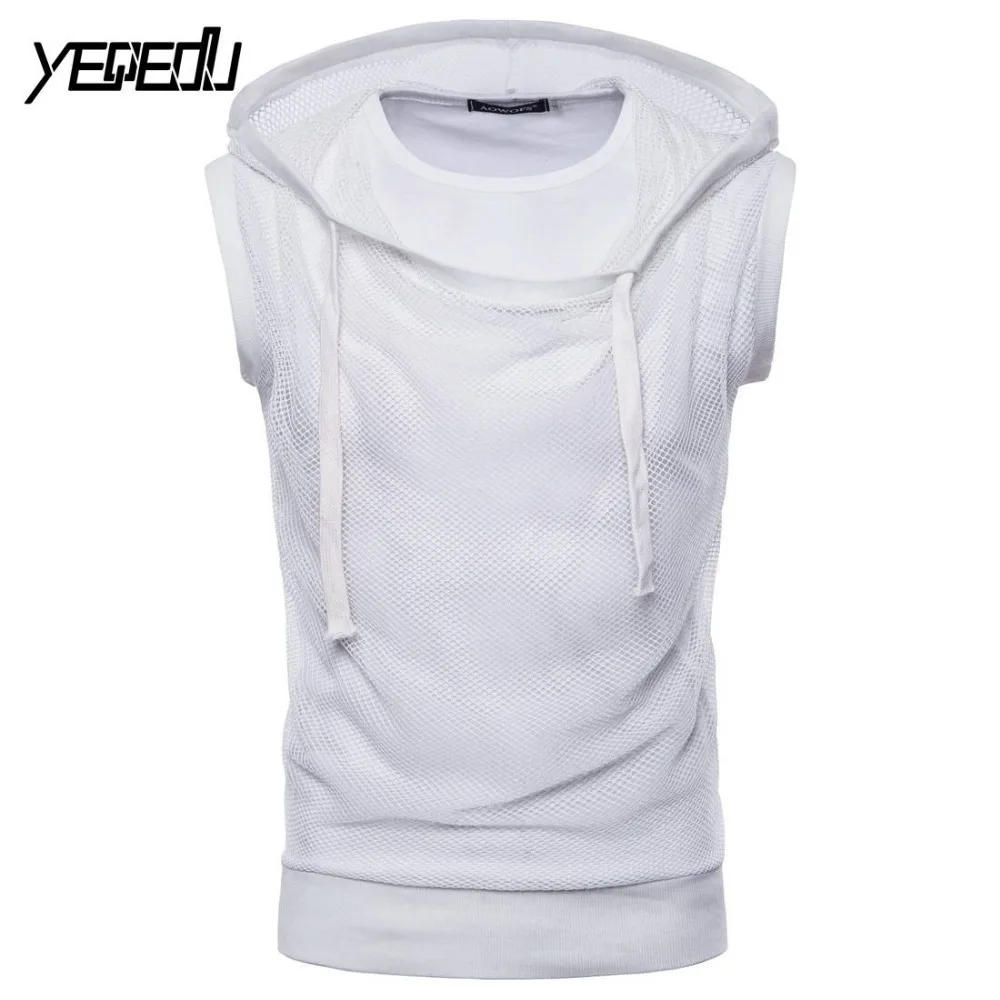 #4105 летняя футболка без рукавов для мужчин черная/белая Сетчатая с капюшоном в