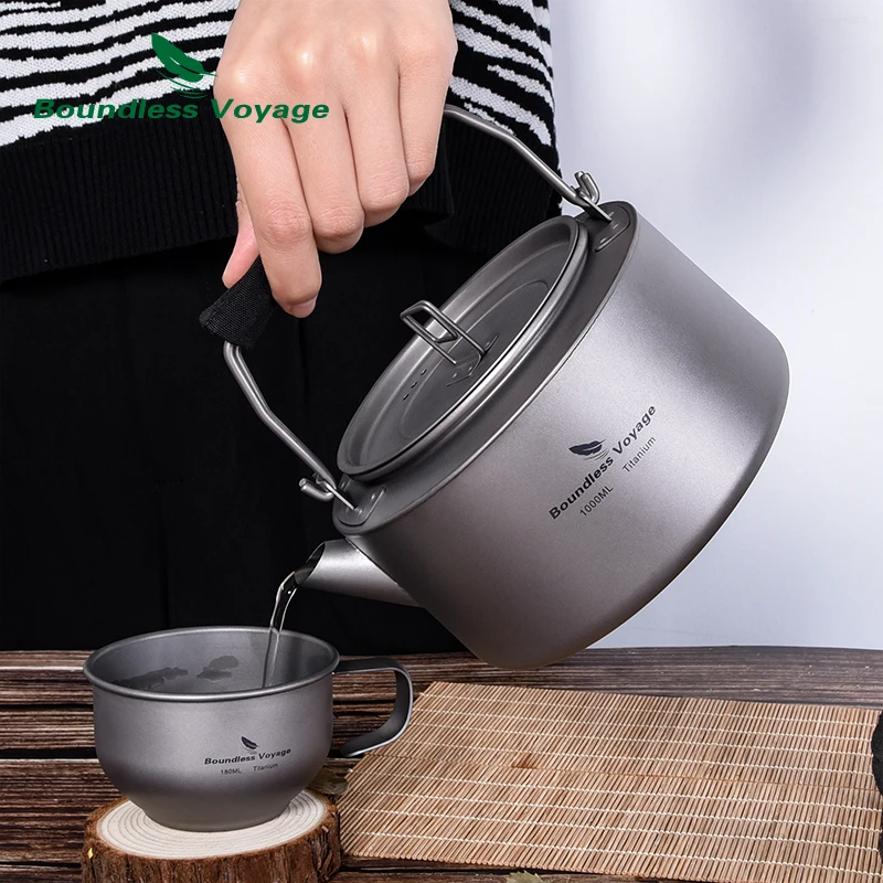 Boundless Voyage 1000ml Camping Kettle Mug Titanium Outdoor Stovetop Teapot with Filter Tea Cup Set Lightweight Cooker Cookware