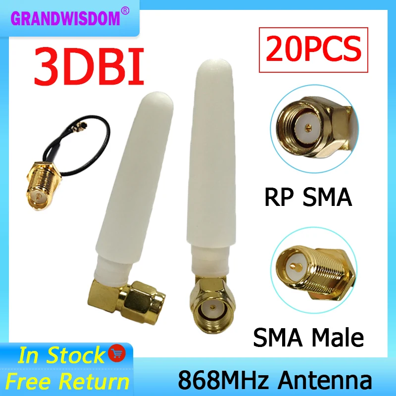 GRANDWISDOM 20pcs 868mhz antenna 3dbi sma female 915mhz lora module lorawan antene ipex 1 SMA male pigtail Extension Cable
