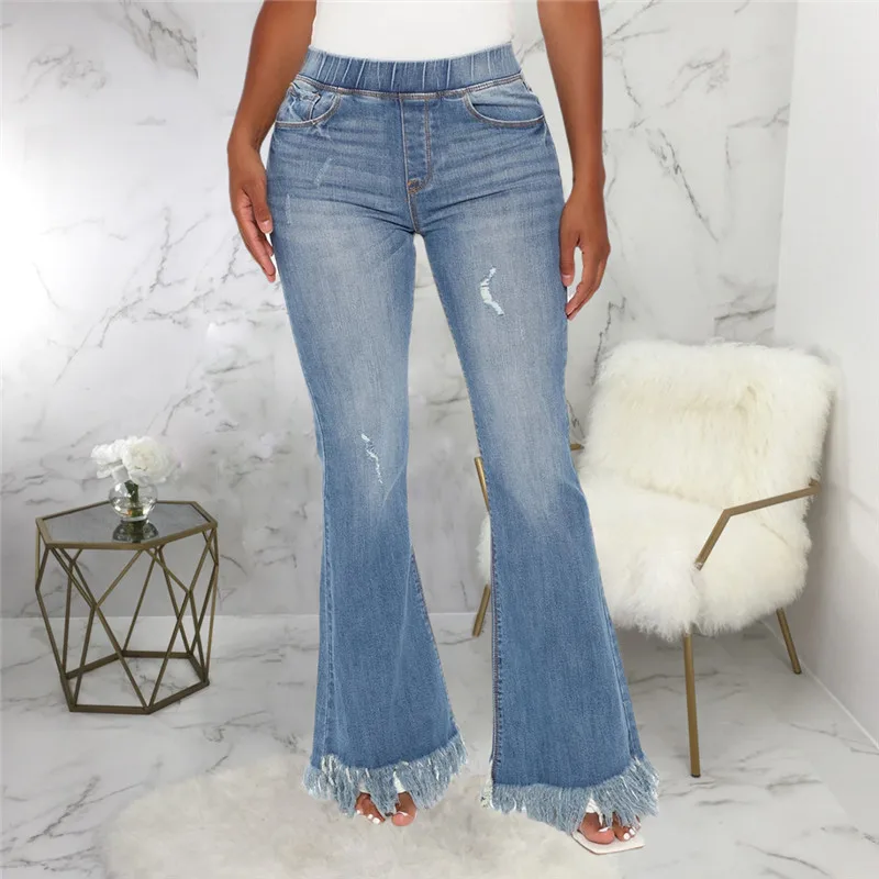 

Women Flare Jeans High Waist Fringe Denim Skinny Pants Stretch Jeans Female Wide Leg Jeans Bell Bottoms Clothes