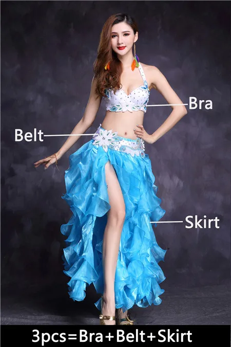Ocean Blue 3pcs Высокое качество танец живота костюм юбка для танца живота танцевальное платье Топ Бюстгальтер Болливуд Египетский Восточный танец одежда для взрослых женщин Новинка - Цвет: Ocean Blue 3pcs