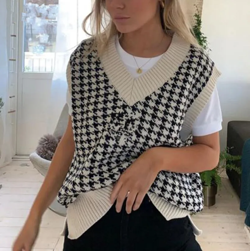 

Fashion Women‘s Knitted Vest Pullovers 2021 Spring Waistcoat Tops Sleeveless Loose Houndstooth Female Plaid Sweater Vest p2077