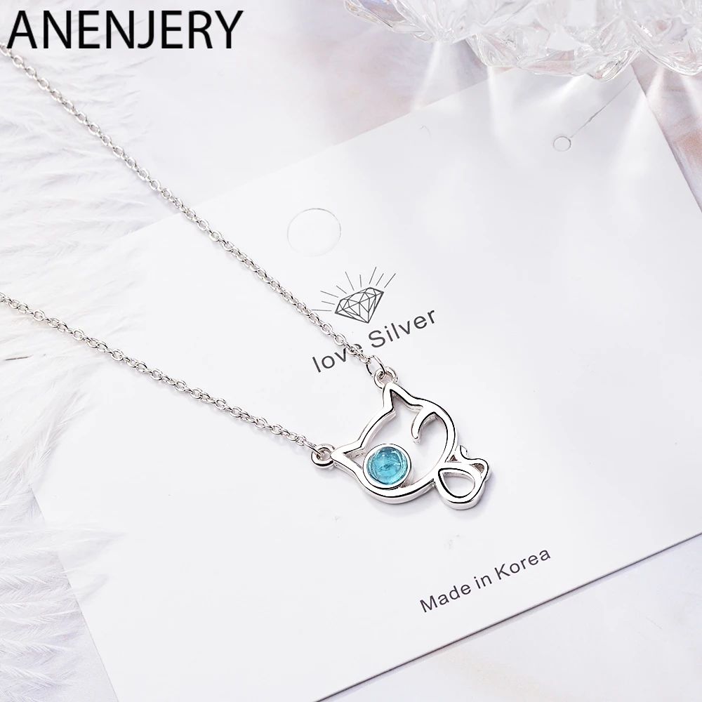 ANENJERY, милое, 925 пробы, серебряное, кошачье ожерелье для женщин, голубой кристалл, глаз, животное, цепочка, ожерелье S-N446