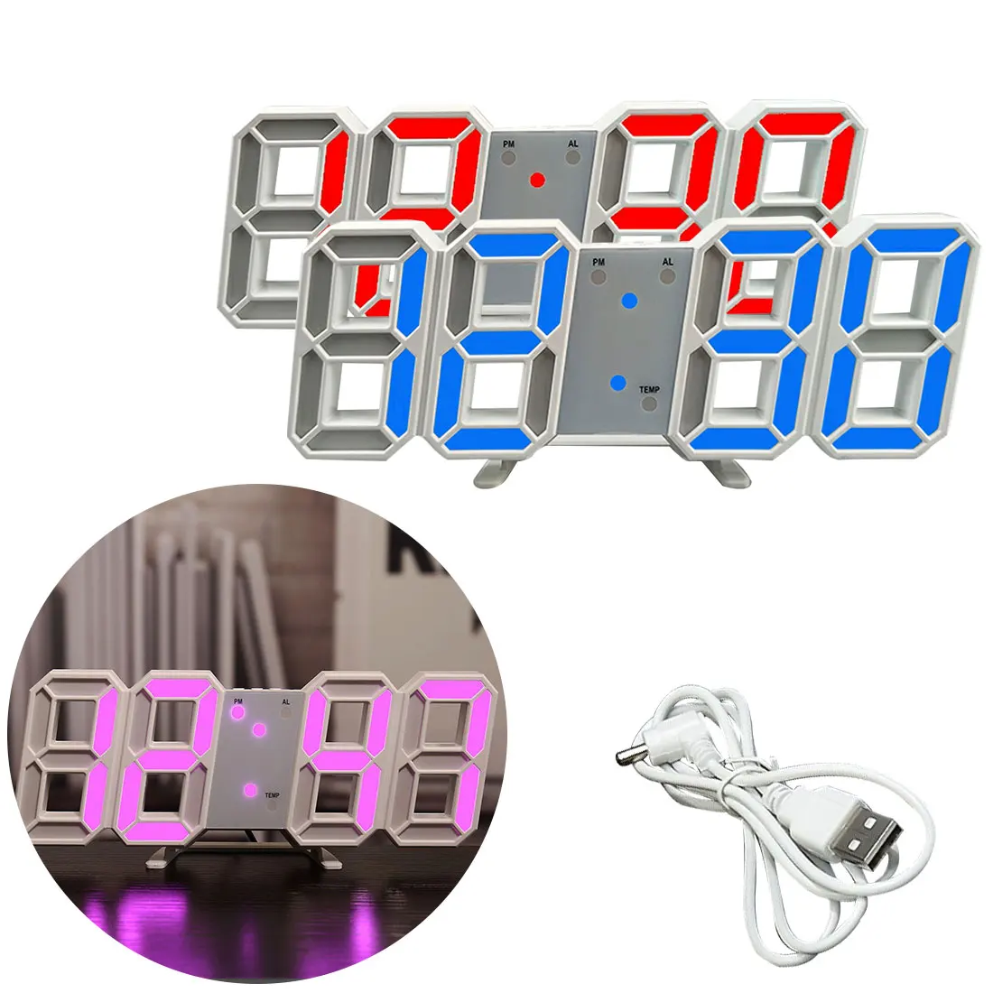 Светодиодные цифровые настенные часы 3D большие светящиеся электронные в