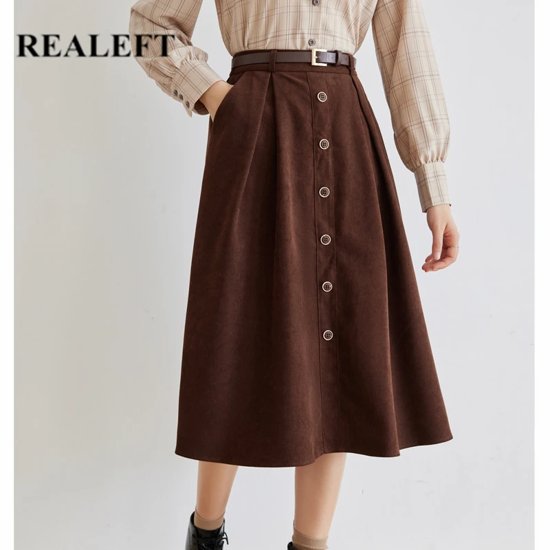 

REALEFT Autumn Winter Corduroy A-Line Midi Skirts with Belted High Waist Single Breasted Office Female Umbrella Skirts Pockets