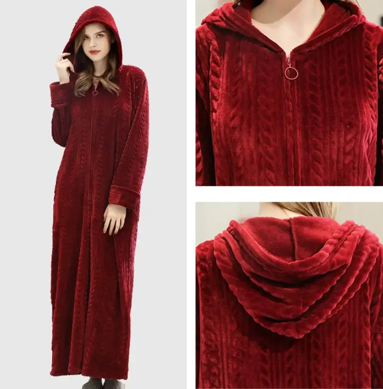 wine red Женский халат с капюшоном фланелевый Халат женский на молнии соединенный домашний сервис Длинные теплые пижамы Ночная рубашка Свадебное платье невесты - Цвет: wine red
