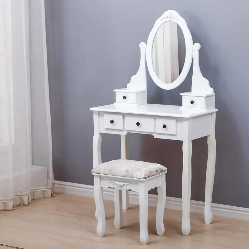 

Современный деревянный туалетный столик с 5 ящиками и вращающимся на 360 градусов зеркалом комод со стулом комплект мебели HWC