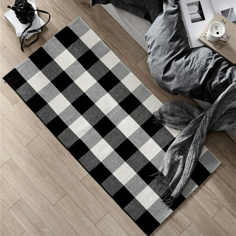 Плетеный хлопковый ковер в белую и черную клетку вязаный плед ручной работы