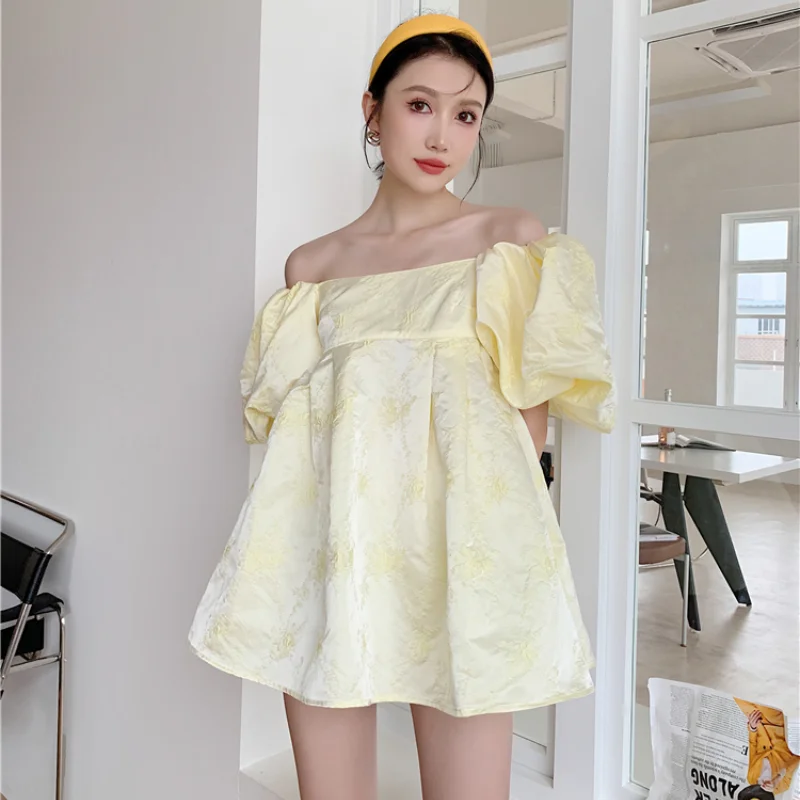 

Kimotimo French Puff Sleeve Texture Dress Women Sweet Temperament Slash Neck Mini Princess Dresses Summer Little Guy Fashion
