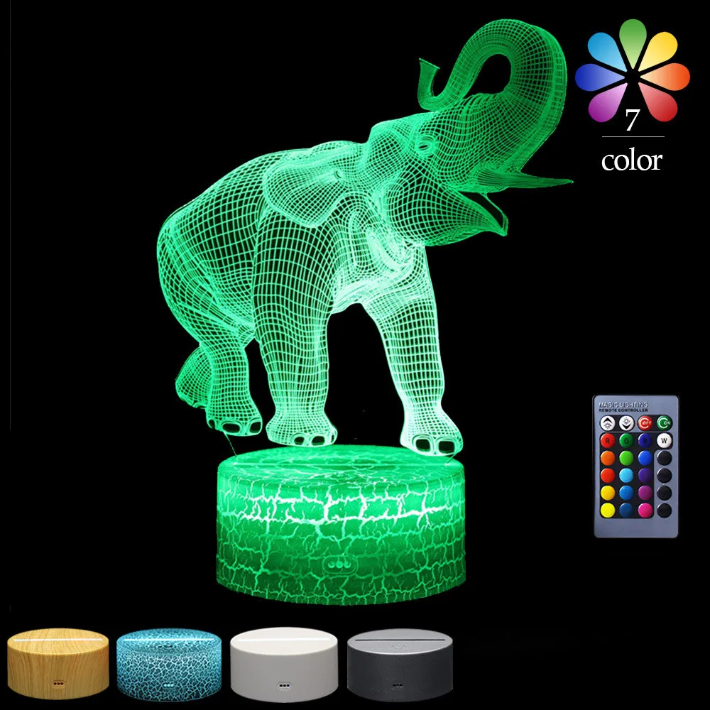 3D Night Light for Kids Elephant Led Illusion Lamp Desk Lights Children Gifts Toys 7 Colors Changing with Touch Remote Control | Лампы и