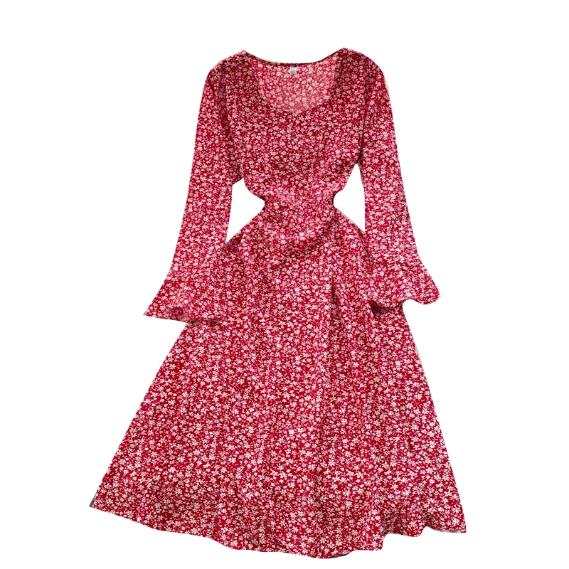 

Vintage Floral Dress Women Korean Casual Sqaure Collar Flare Sleeve High Waist Dresses Female Sweet Maxi Vestidos 2021 Autumn