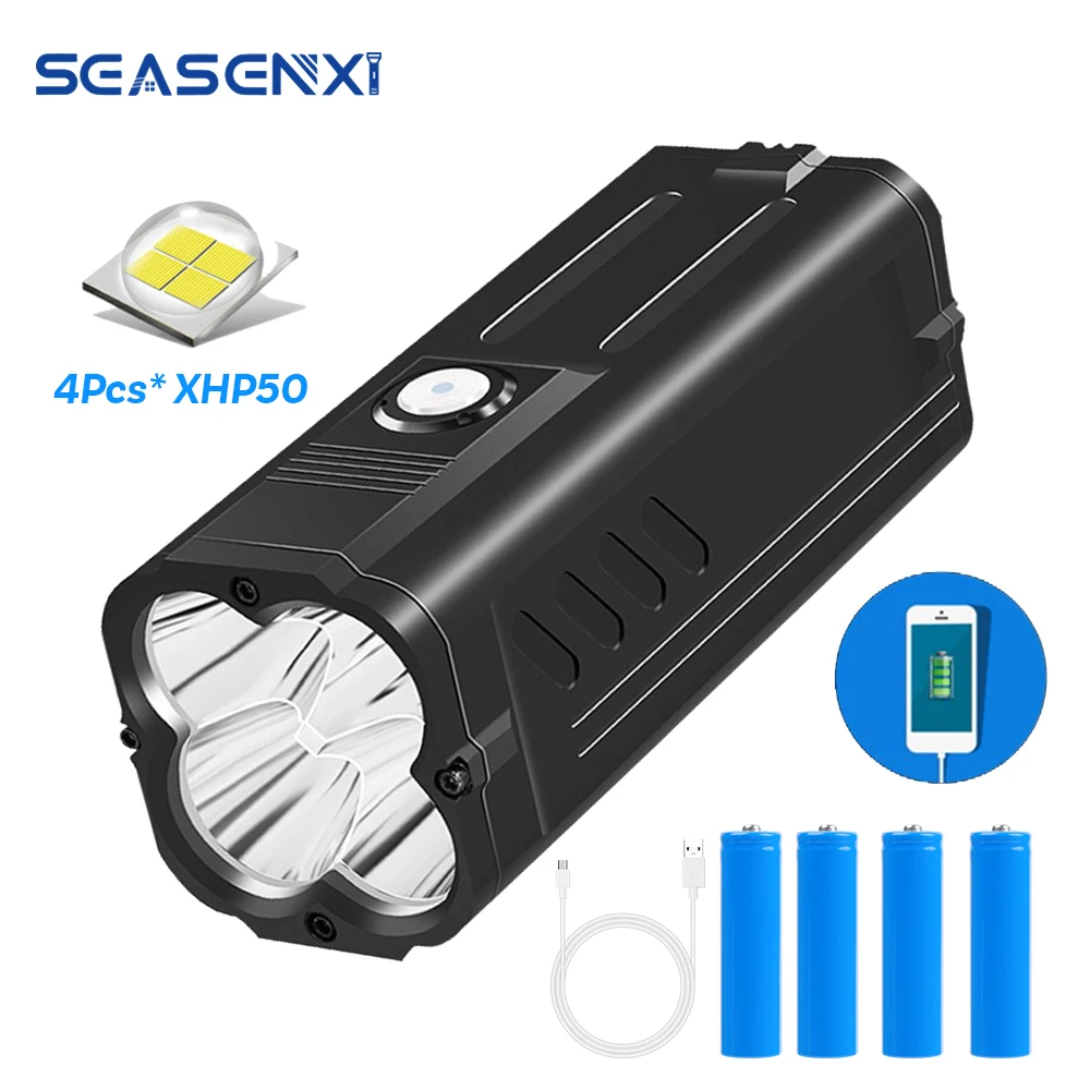 

Мощный яркий фонарик 8000 Люмен с функцией внешнего аккумулятора, 4 * P50 лампы, ручной фонарик для кемпинга, рыбалки, водонепроницаемый фонарь