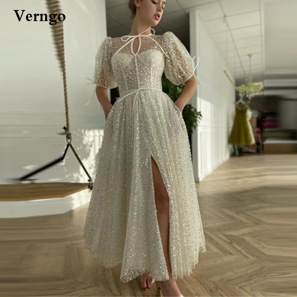 

Verngo 2021 White Sequin Pearls Tulle Evening Dresses With Sleeves Round Neck Vintage Formal Party Gowns Tea Length Prom Dress