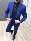 Новинка 2022, мужские синие костюмы из трех предметов, Свадебные Смокинги на заказ с пиковым отворотом, облегающие мужские костюмы (пиджак + брюки + жилет)