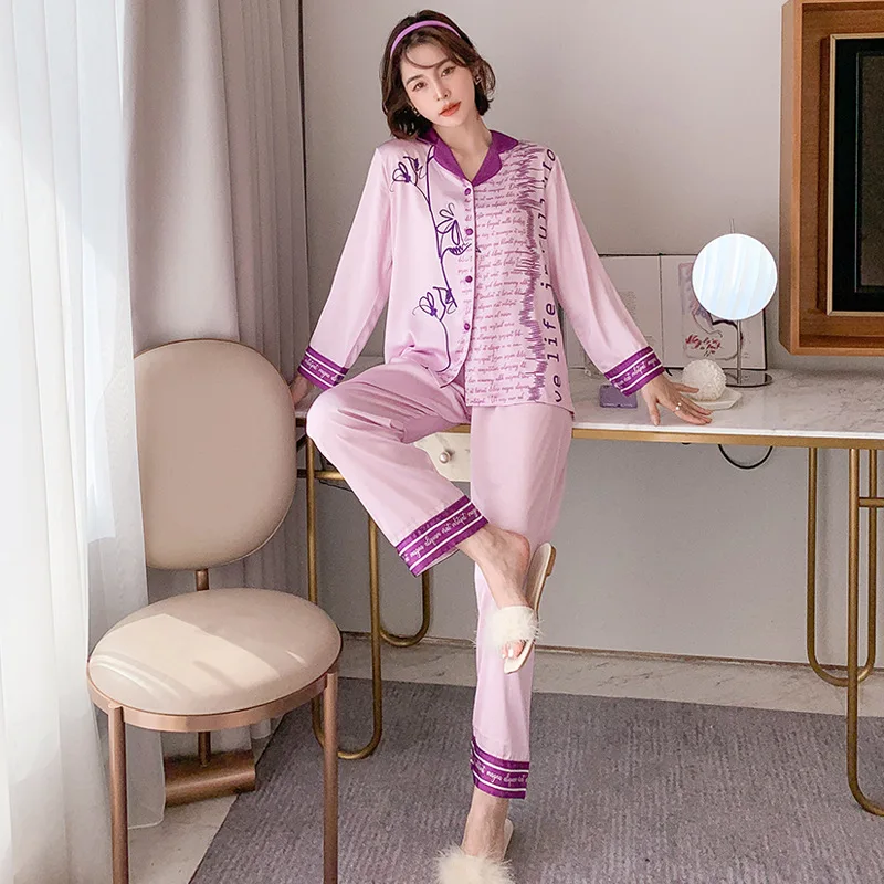 

Women Pajamas Suit Print Flower Sleepwear Summer New Lounge Wear Nightwear With Buttons Casual Pyjamas Pour Femme Sleepwear