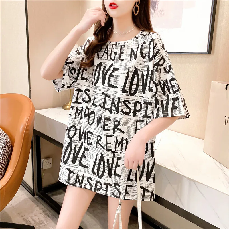 

Women T-shirt 2022 New Arrival Summer Female T-shirt Short Sleeve Loose Letter Beautiful Korean Style White Gray Green c102