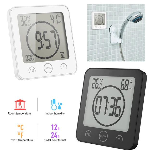 LCD Screen Waterproof Digital Bathroom Wall Clock Temperature Humidity Countdown Time Function Wash Shower Hanging Clocks Timer 2